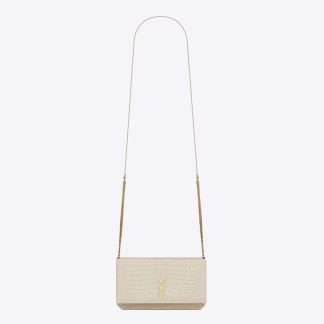 Saint Laurent YSL Women Cassandre Phone Holder with Strap in Shiny Crocodile-Embossed Leather-White
