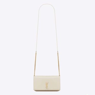 Saint Laurent YSL Women Cassandre Phone Holder with Strap in Smooth Leather-White