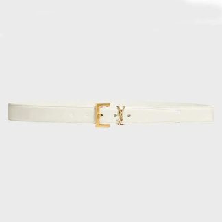 Saint Laurent YSL Women Cassandre Thin Belt with Square Buckle in Lacquered Leather-White