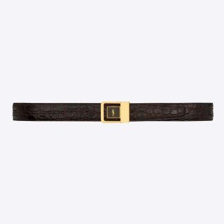 Saint Laurent YSL Women La 66 Buckle Belt in Crocodile-embossed Leather-Maroon