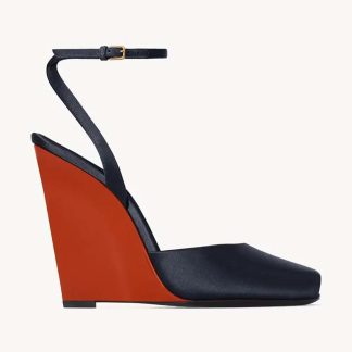 Saint Laurent YSL Women La Scandale Wedges in Satin Crepe-Black