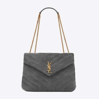 Saint Laurent YSL Women Loulou Medium Chain Bag in Y-Quilted Suede-Silver