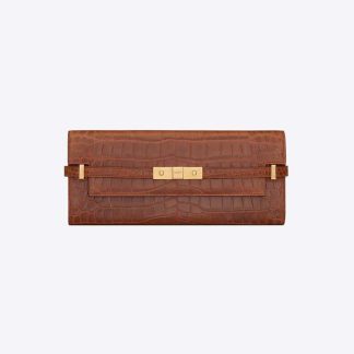Saint Laurent YSL Women Manhattan Clutch in Crocodile-Embossed Leather-Brown