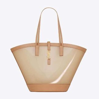 Saint Laurent YSL Women Panier Medium in Vinyl and Vegetable-tanned Leather-Beige