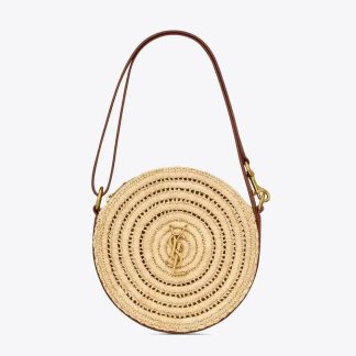 Saint Laurent YSL Women Round Bag in Raffia and Vegetable-Tanned Leather