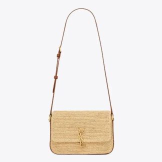 Saint Laurent YSL Women Solferino Medium in Raffia and Vegetable-tanned Leather