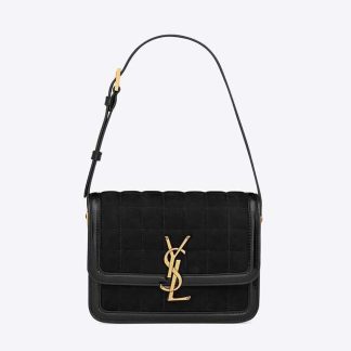 Saint Laurent YSL Women Solferino Small Satchel in Quilted Nubuck Suede-Black