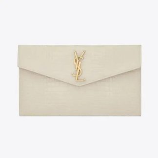 Saint Laurent YSL Women Uptown Pouch in Crocodile-embossed Shiny Leather-White