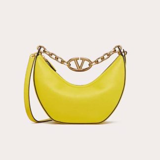 Valentino Women Small Vlogo Moon Hobo Bag in Leather with Chain-Yellow
