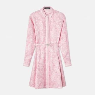 Versace Women Barocco Silk Midi Shirt Dress-Pink 1A03044
